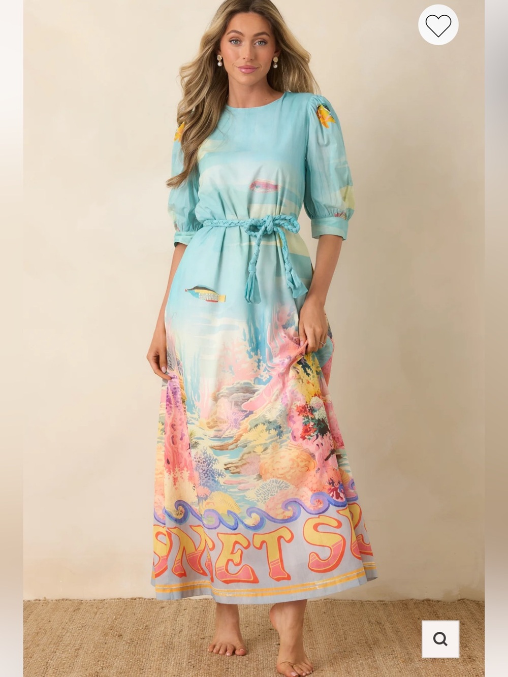 Prosperina Paradisa Light Blue Coastal Print Maxi Dress with Braided Belt